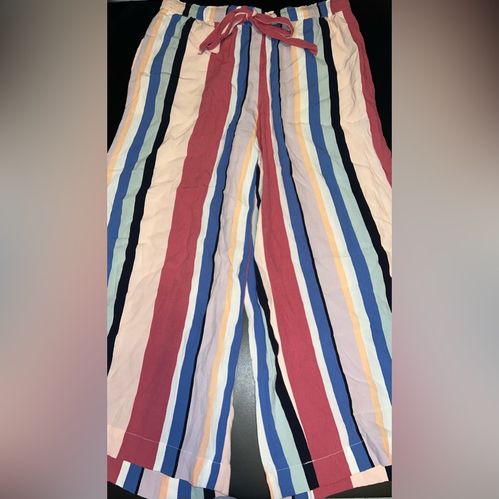 LOFT Striped Tie Waist wide Leg cropped Lightweight Pants Size Small EUC